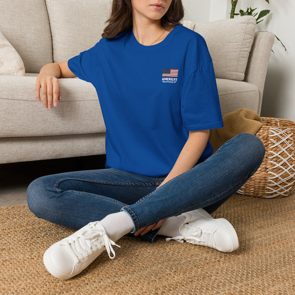 American Flag Pocket T-Shirt — "America's" Small Logo Patriotic Tee Printify