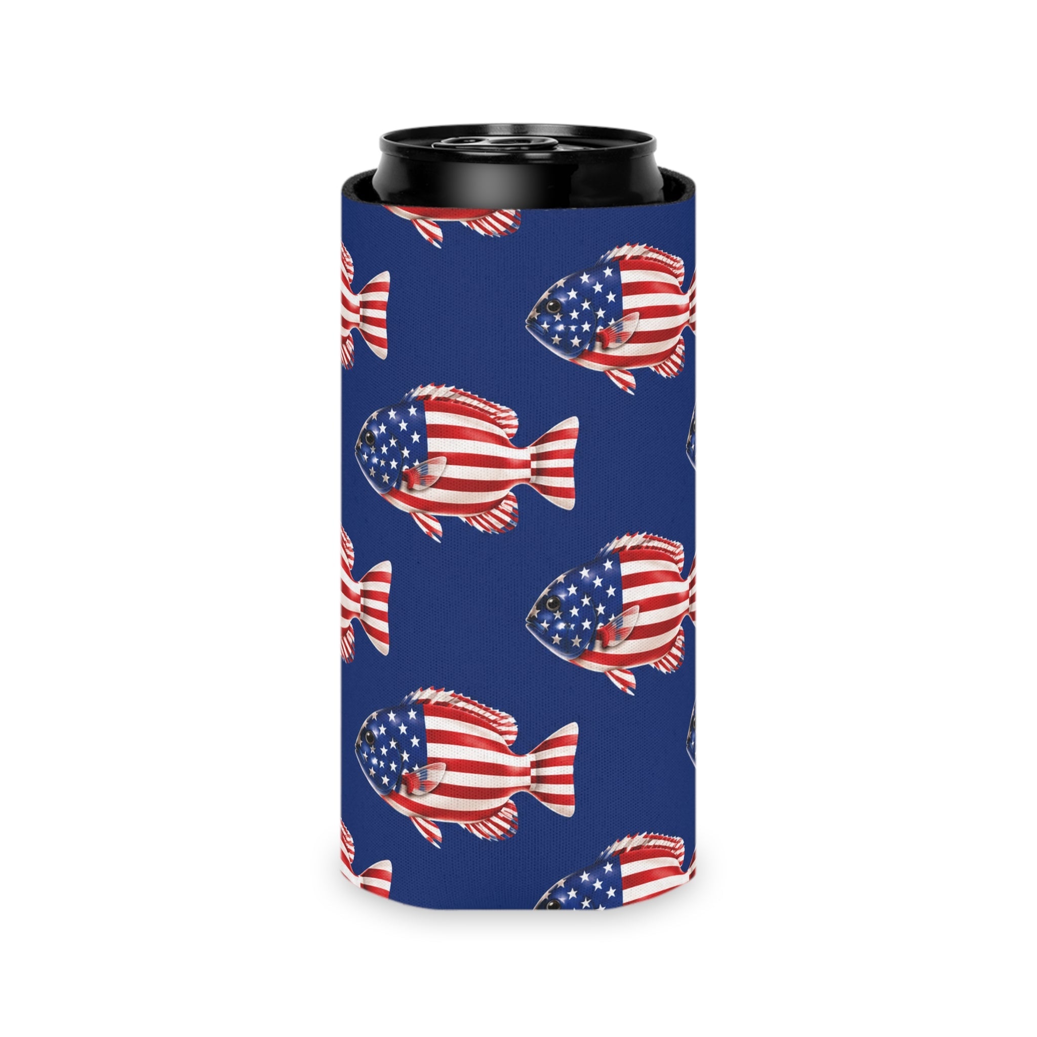 American Flag Fish Can Cooler — Patriotic Beverage Koozie Printify