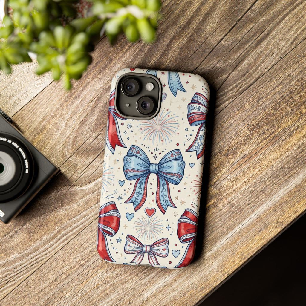Patriotic Coquette Bows Phone Case – Americana Ribbon & Fireworks Design Printify
