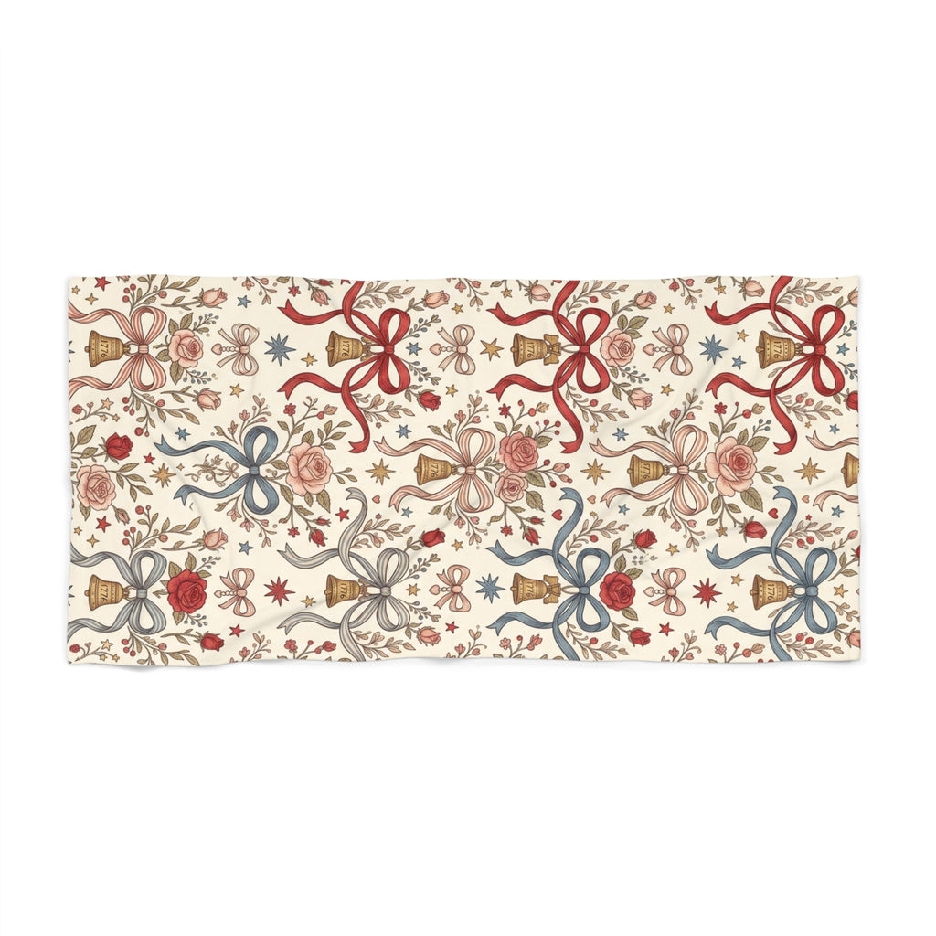Liberty Bows Beach Towel – Vintage Americana Floral Patriotic Towel Printify