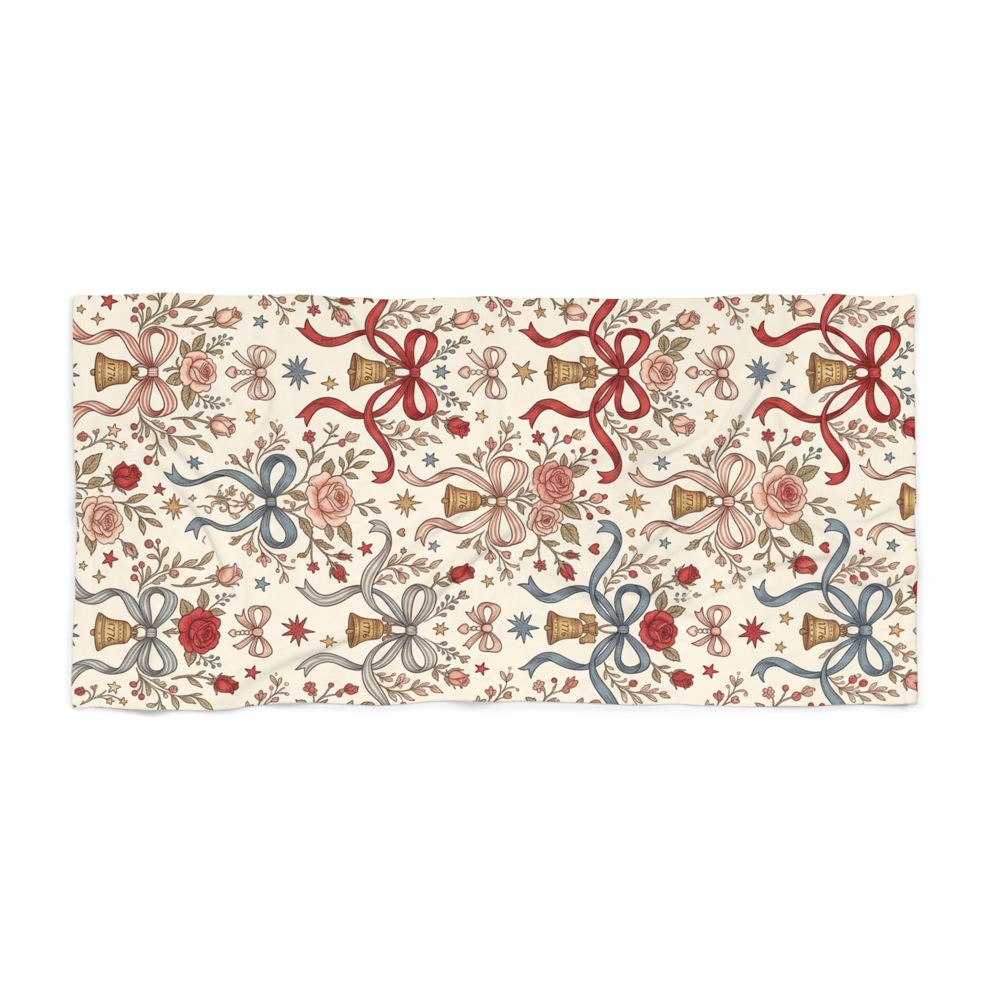 Liberty Bows Beach Towel – Vintage Americana Floral Patriotic Towel Printify