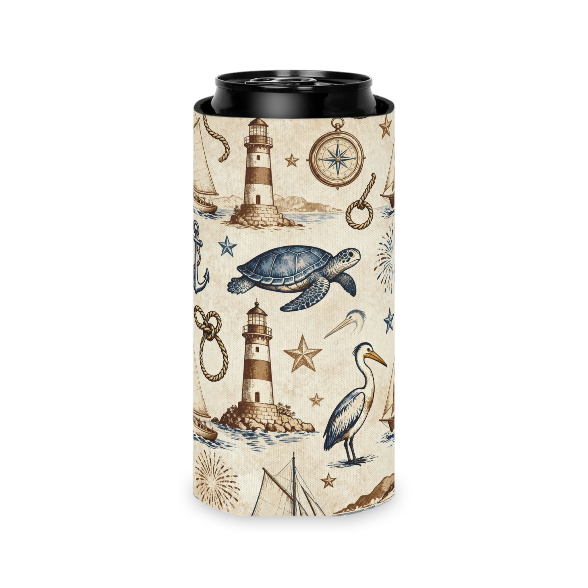 Coastal Lighthouse & Sea Turtle Can Cooler Printify