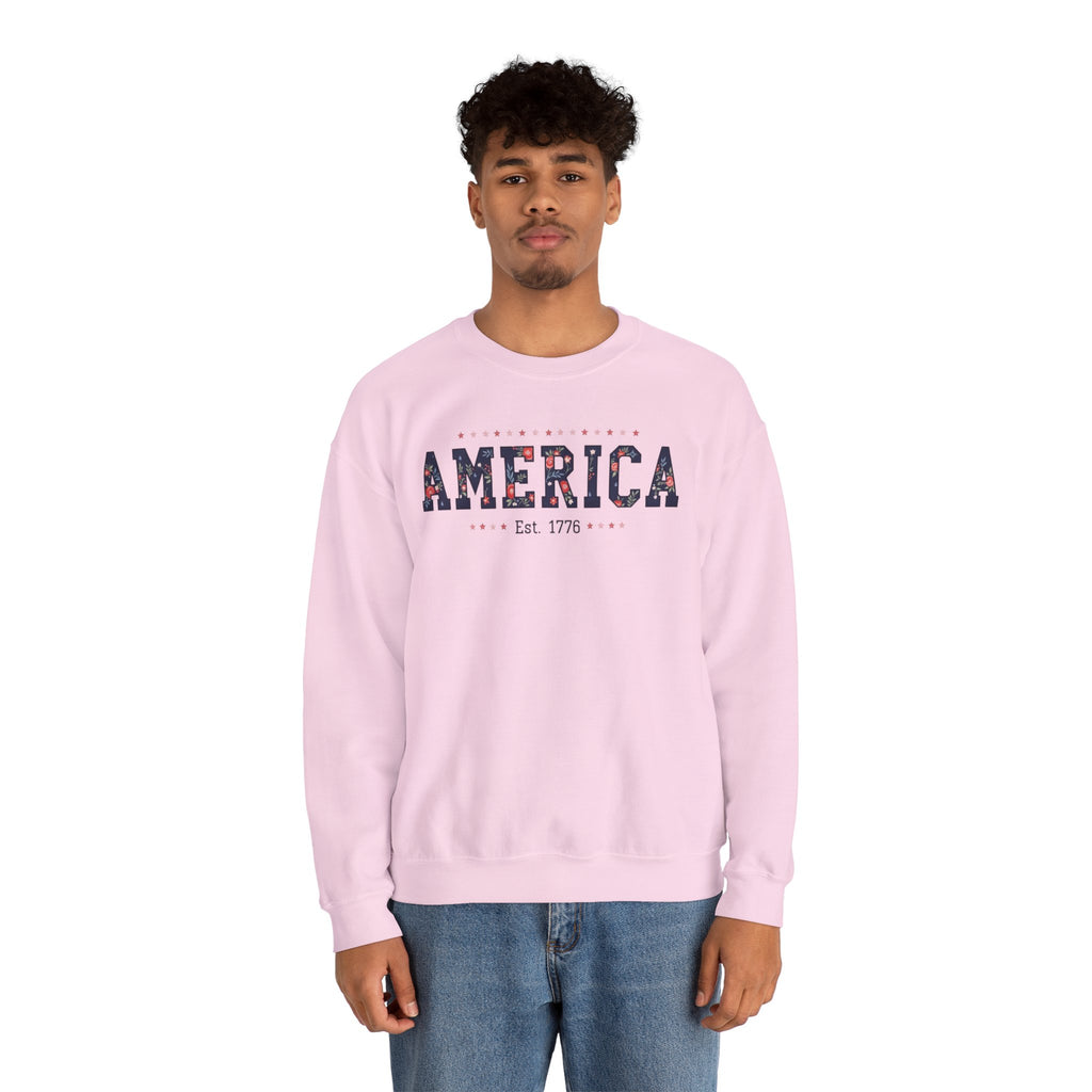 America Wildflower Crewneck Sweatshirt – Vintage Patriotic Floral Pullover Printify