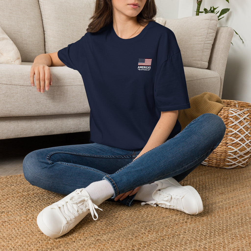 American Flag Pocket T-Shirt — "America's" Small Logo Patriotic Tee Printify