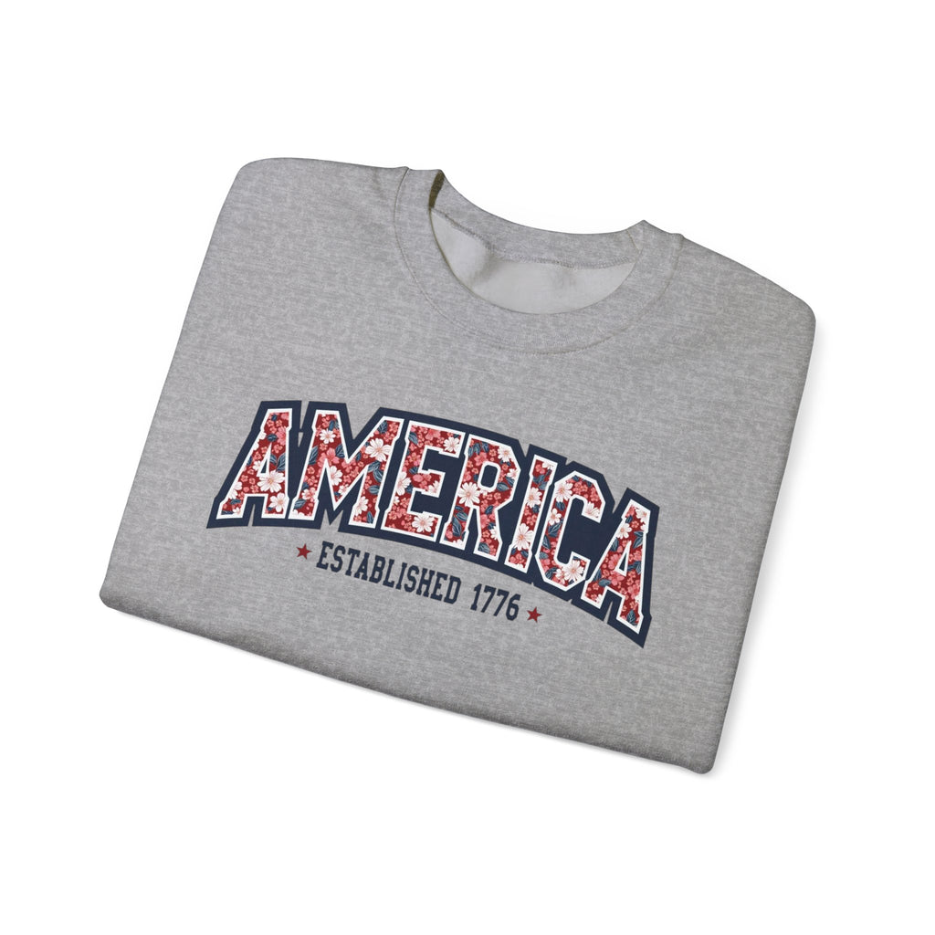 America Floral Varsity Crewneck Sweatshirt – Vintage Patriotic Pullover Printify