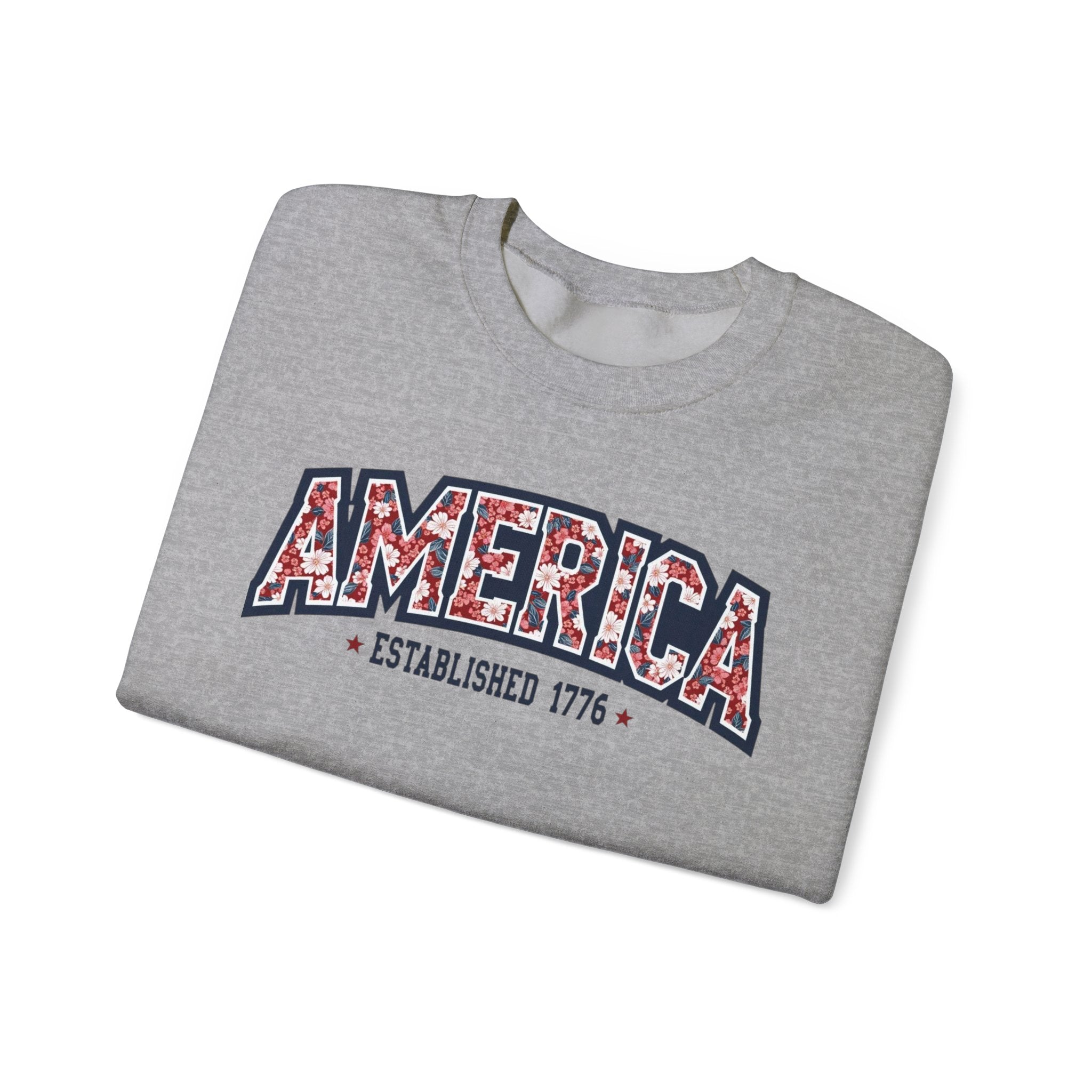 America Floral Varsity Crewneck Sweatshirt – Vintage Patriotic Pullover Printify