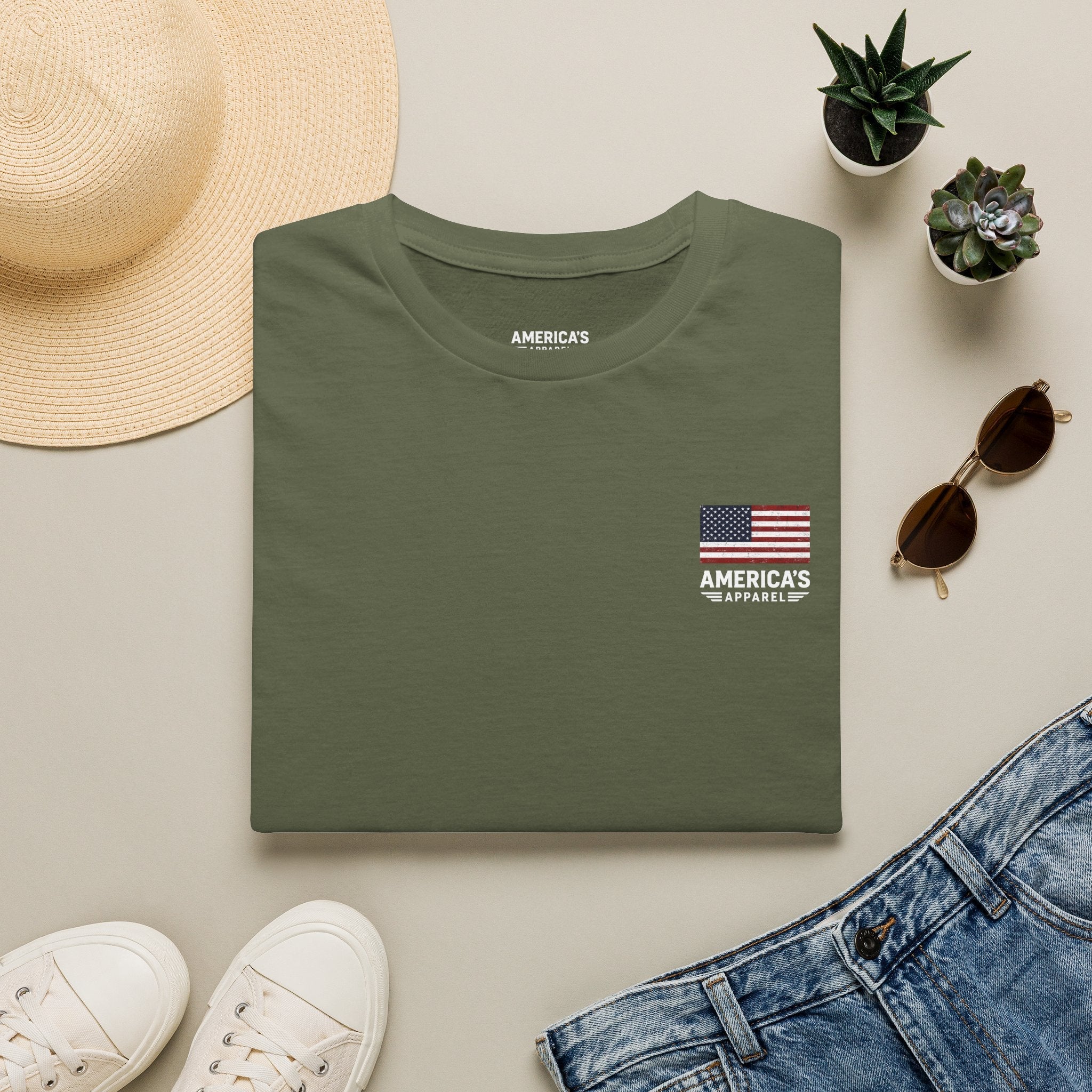 American Flag Pocket T-Shirt — "America's" Small Logo Patriotic Tee Printify