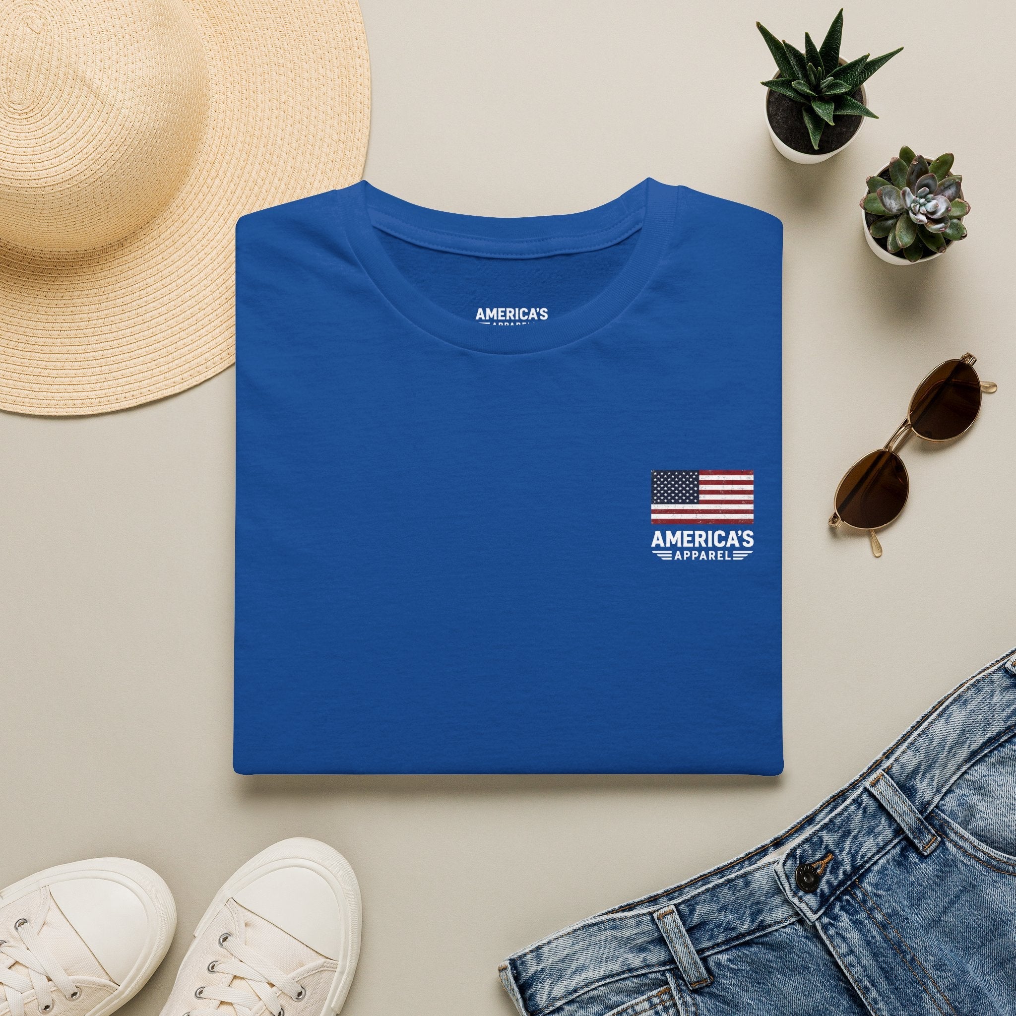 American Flag Pocket T-Shirt — "America's" Small Logo Patriotic Tee Printify