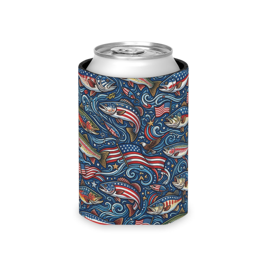 American Bass Can Cooler — Patriotic Fishing Beverage Cooler Printify