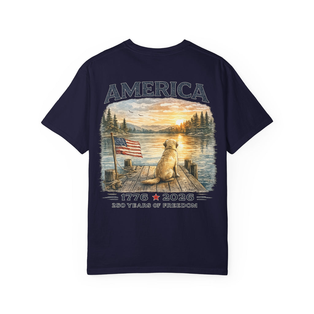 America 1776–2026 Freedom Lake Graphic T-Shirt — Patriotic Dog & Flag Tee Printify