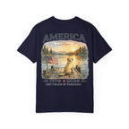 America 1776–2026 Freedom Lake Graphic T-Shirt — Patriotic Dog & Flag Tee Printify