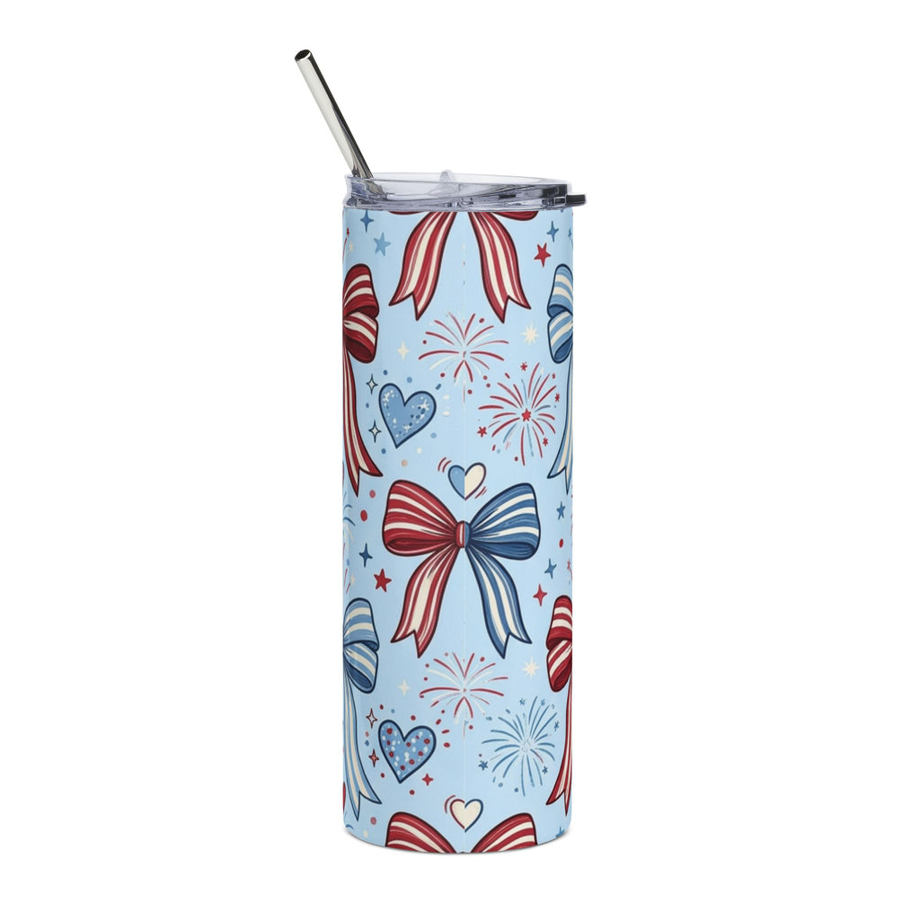 Bows & Fireworks 20oz Stainless Steel Tumbler — Patriotic Ribbon Fireworks Travel Mug Printify