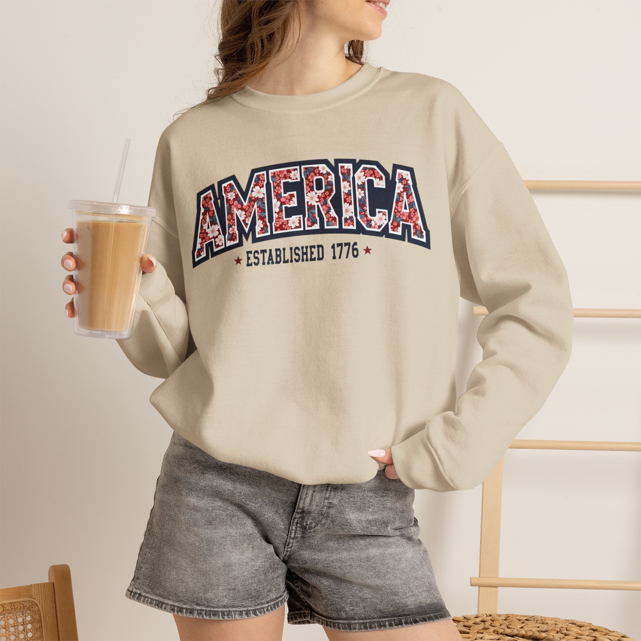 America Floral Varsity Crewneck Sweatshirt – Vintage Patriotic Pullover Printify
