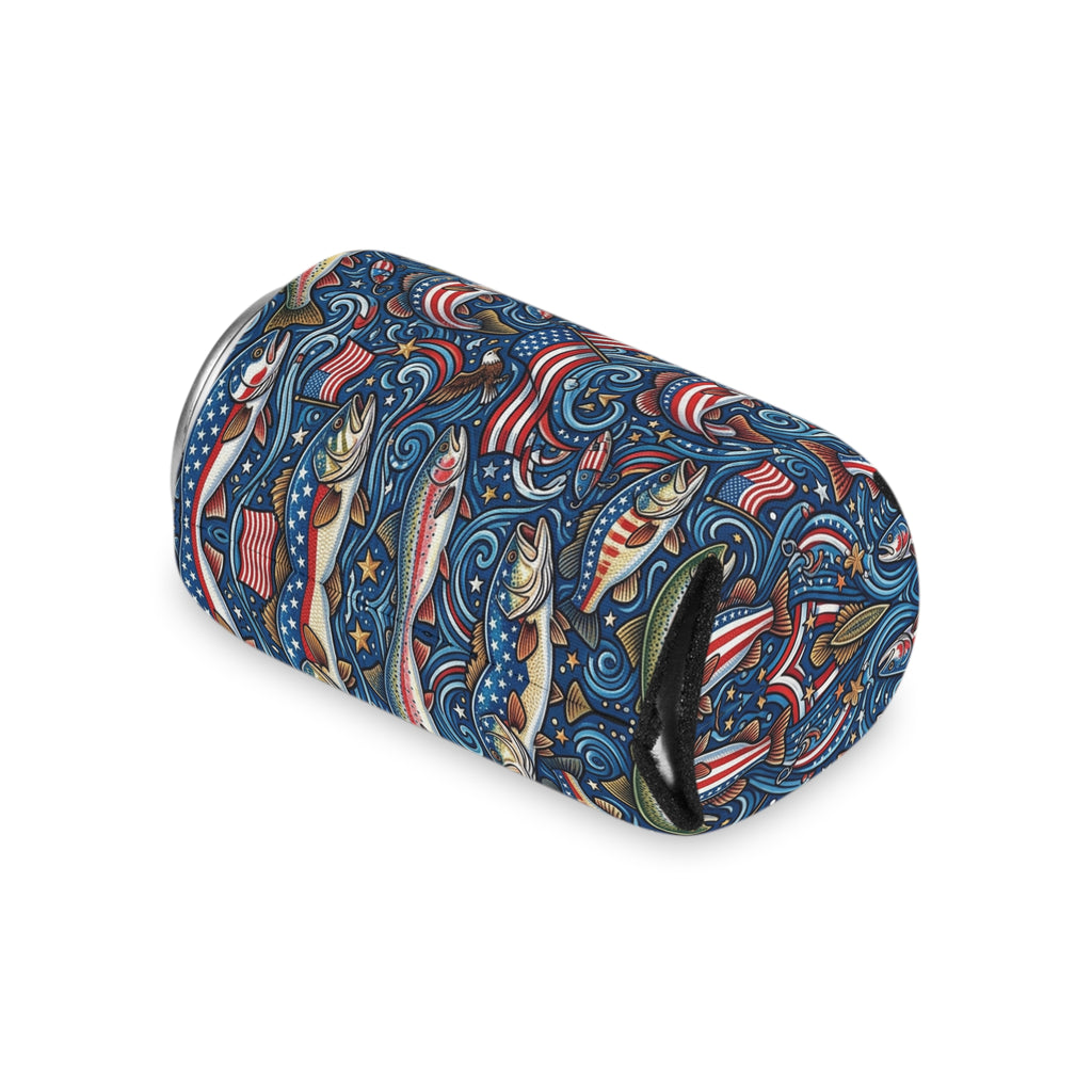 American Bass Can Cooler — Patriotic Fishing Beverage Cooler Printify