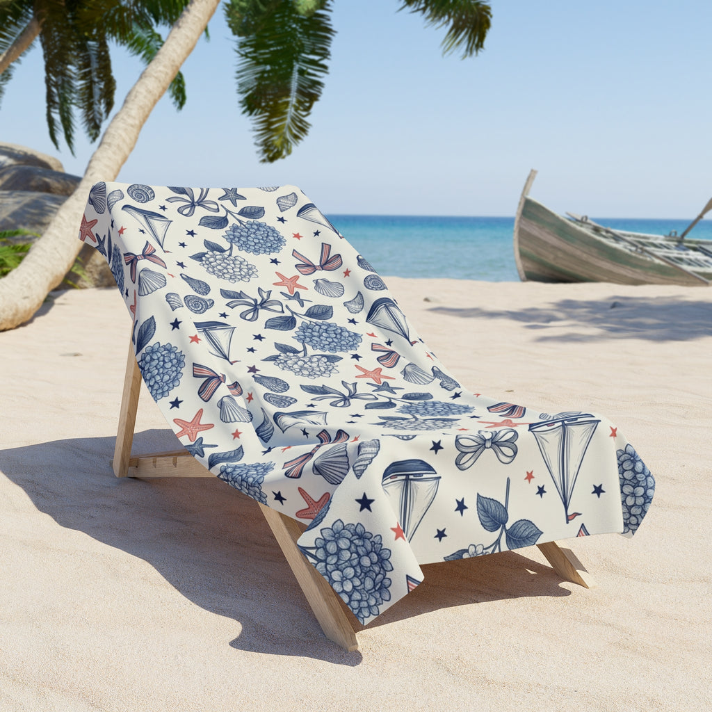 Coastal Americana Beach Towel – Patriotic Seashell & Hydrangea Print Printify