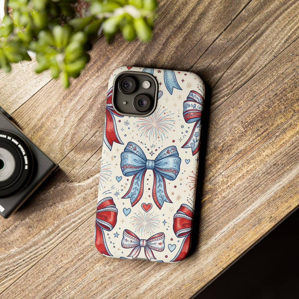 Patriotic Coquette Bows Phone Case – Americana Ribbon & Fireworks Design Printify