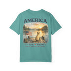 America 1776–2026 Freedom Lake Graphic T-Shirt — Patriotic Dog & Flag Tee Printify