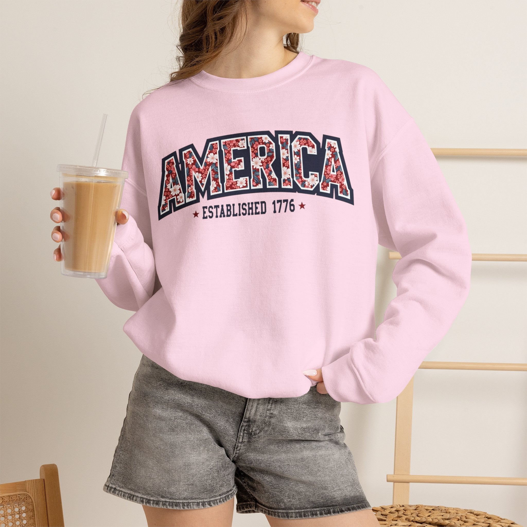America Floral Varsity Crewneck Sweatshirt – Vintage Patriotic Pullover Printify