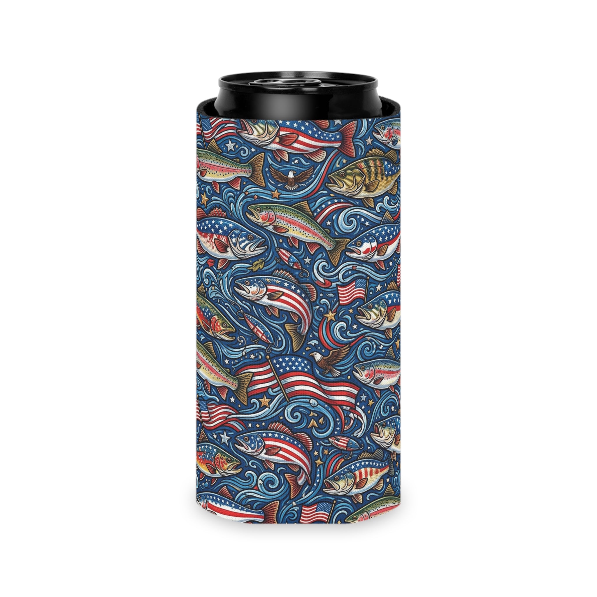 American Bass Can Cooler — Patriotic Fishing Beverage Cooler Printify
