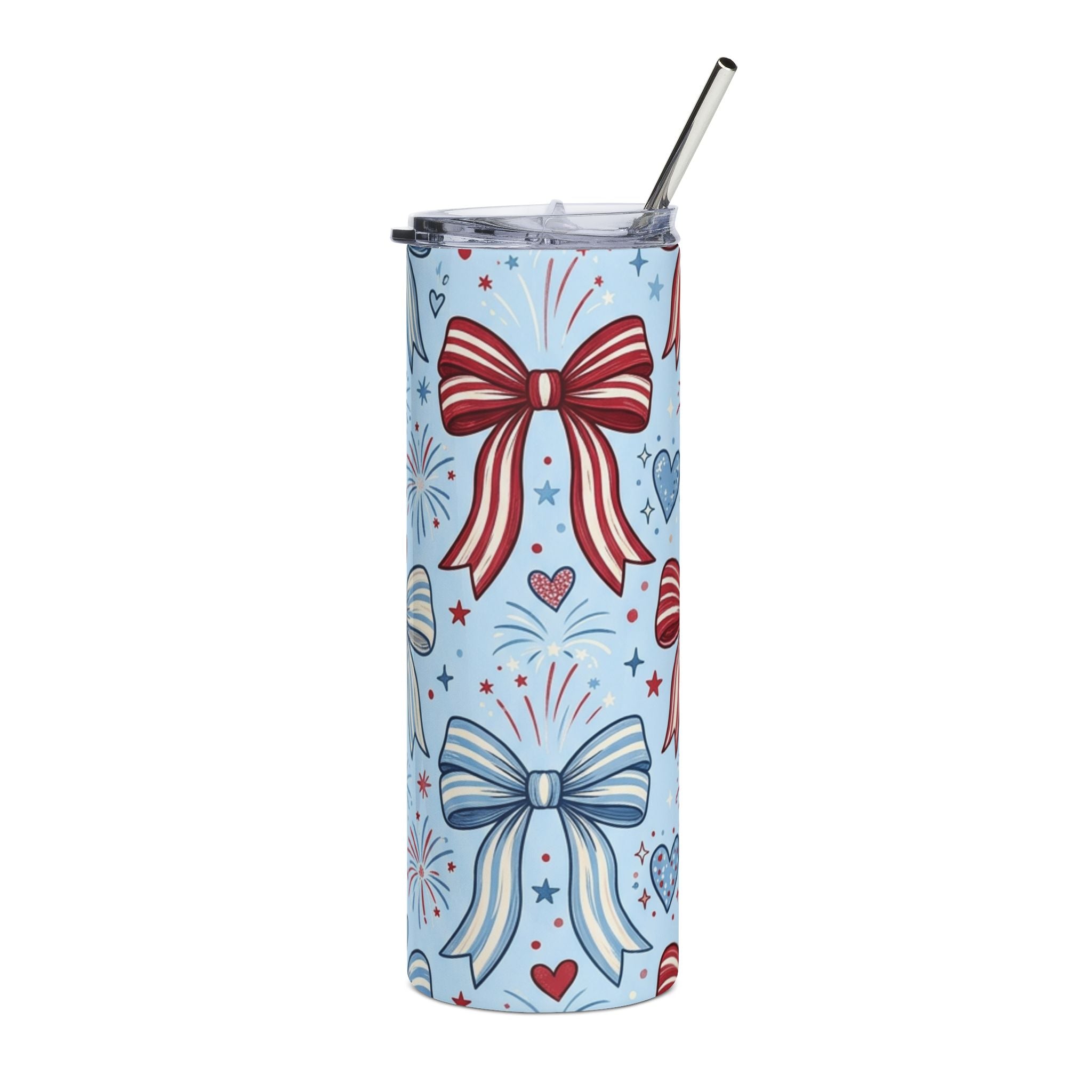 Bows & Fireworks 20oz Stainless Steel Tumbler — Patriotic Ribbon Fireworks Travel Mug Printify