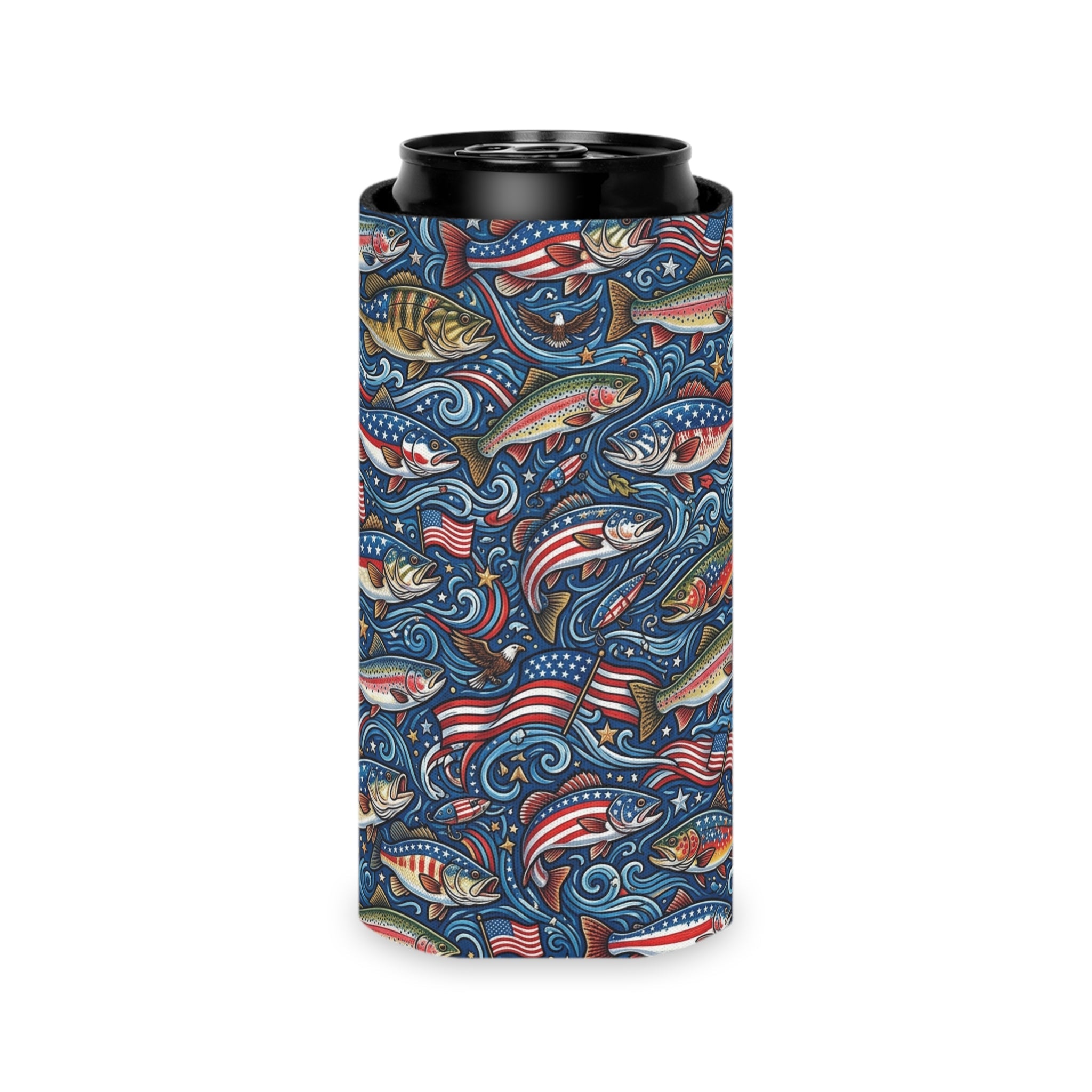 American Bass Can Cooler — Patriotic Fishing Beverage Cooler Printify