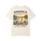 America 1776–2026 Freedom Lake Graphic T-Shirt — Patriotic Dog & Flag Tee Printify