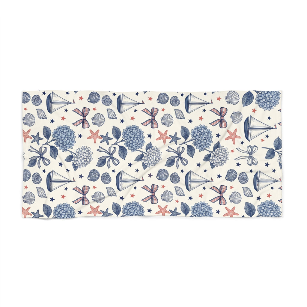 Coastal Americana Beach Towel – Patriotic Seashell & Hydrangea Print Printify