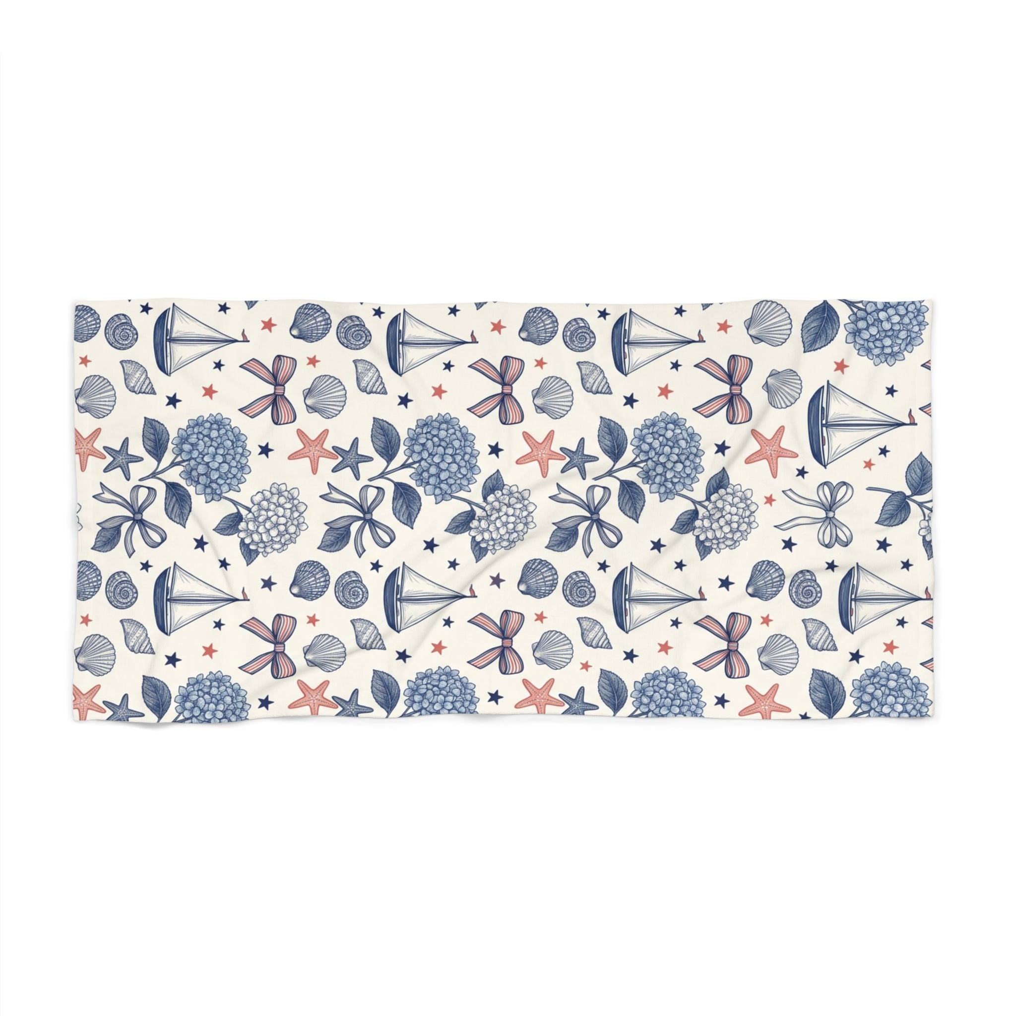 Coastal Americana Beach Towel – Patriotic Seashell & Hydrangea Print Printify