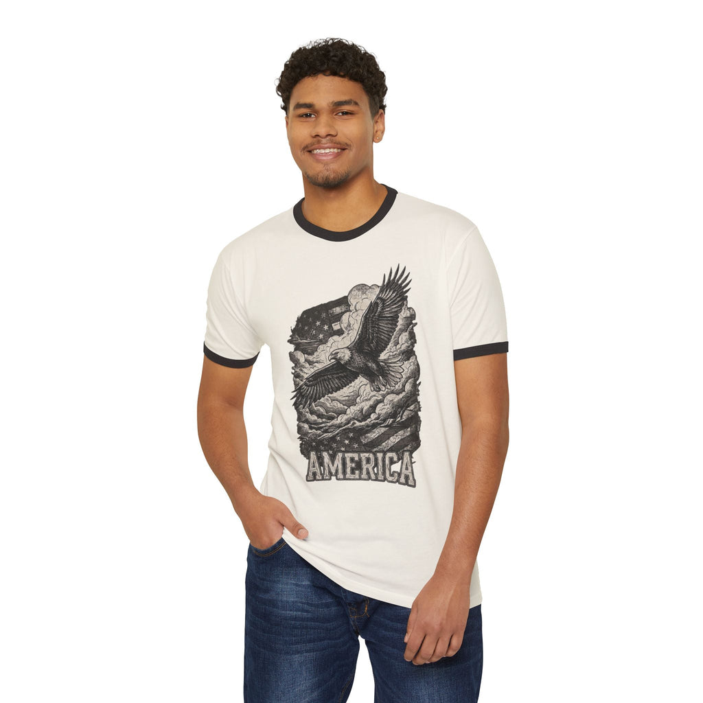 America Vintage Ringer T-Shirt — Retro Patriotic USA Graphic Tee