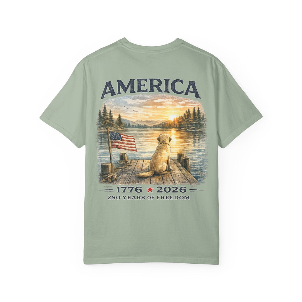 America 1776–2026 Freedom Lake Graphic T-Shirt — Patriotic Dog & Flag Tee Printify