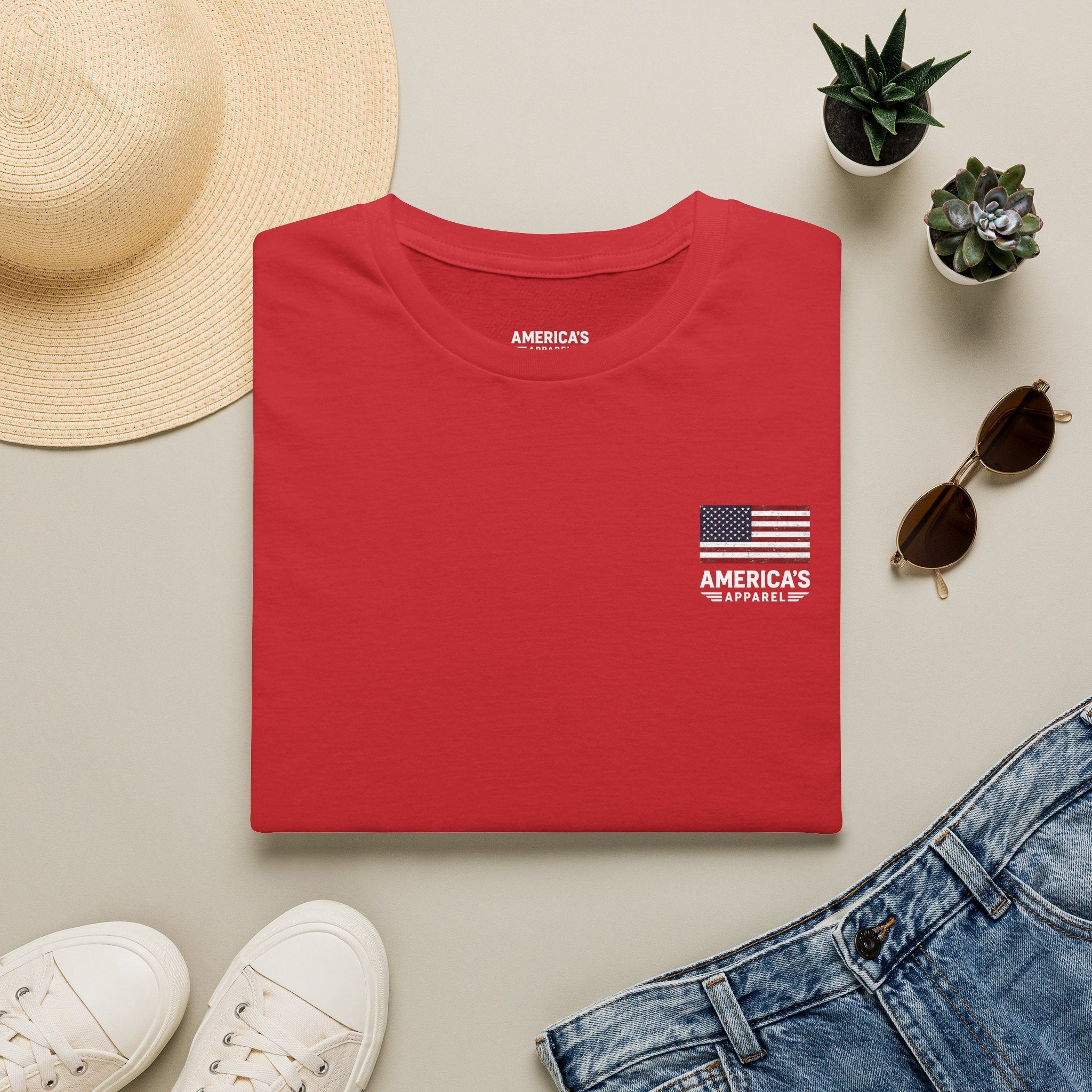 American Flag Pocket T-Shirt — "America's" Small Logo Patriotic Tee Printify