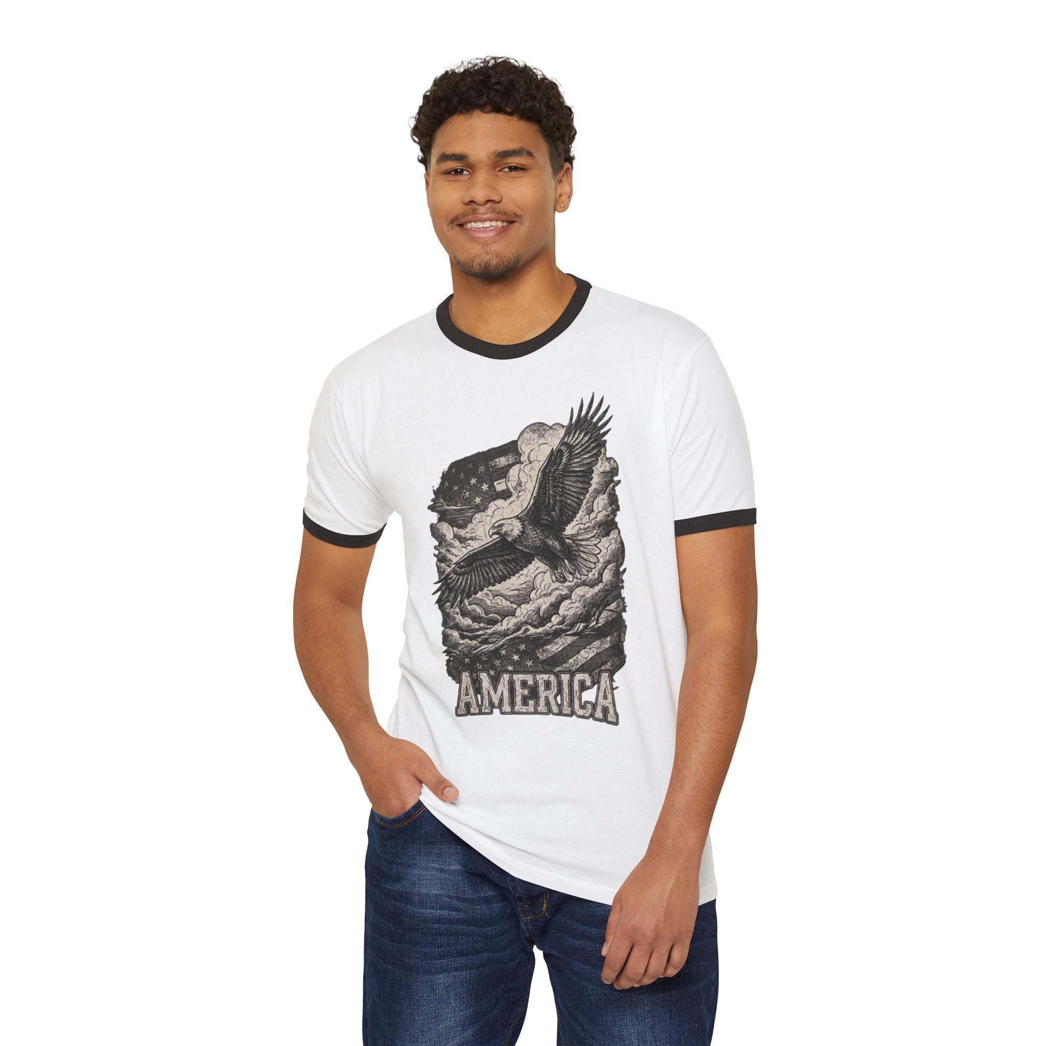 America Vintage Ringer T-Shirt — Retro Patriotic USA Graphic Tee