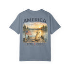 America 1776–2026 Freedom Lake Graphic T-Shirt — Patriotic Dog & Flag Tee Printify