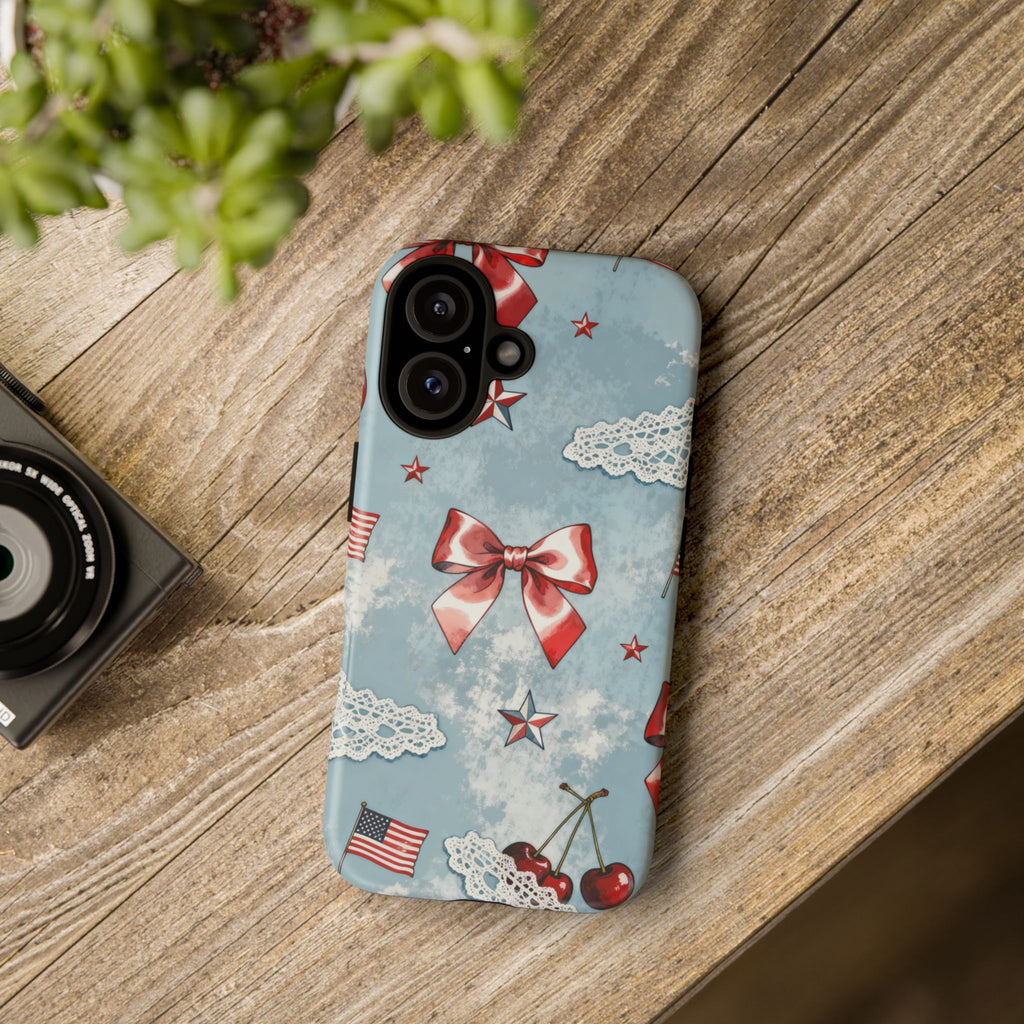 Americana Coquette Cherry Bow Phone Case Printify