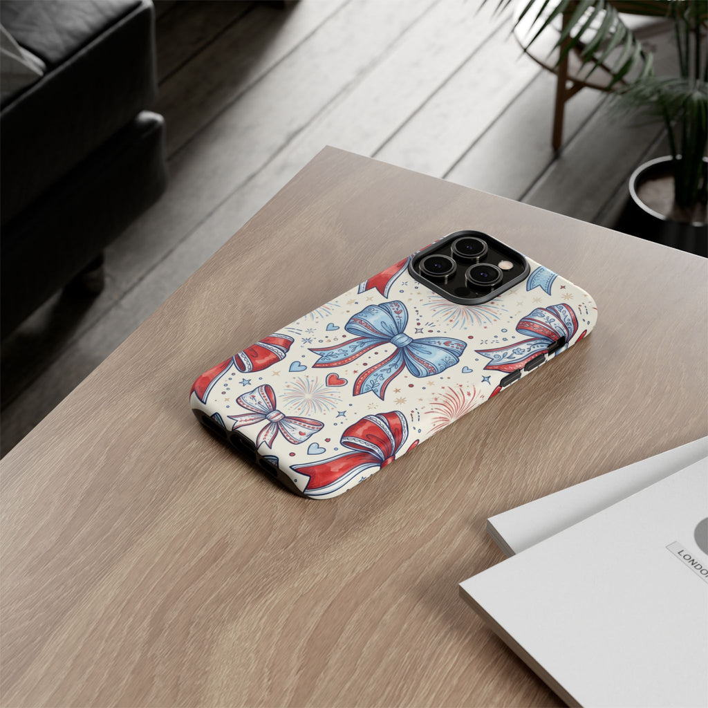 Patriotic Coquette Bows Phone Case – Americana Ribbon & Fireworks Design Printify