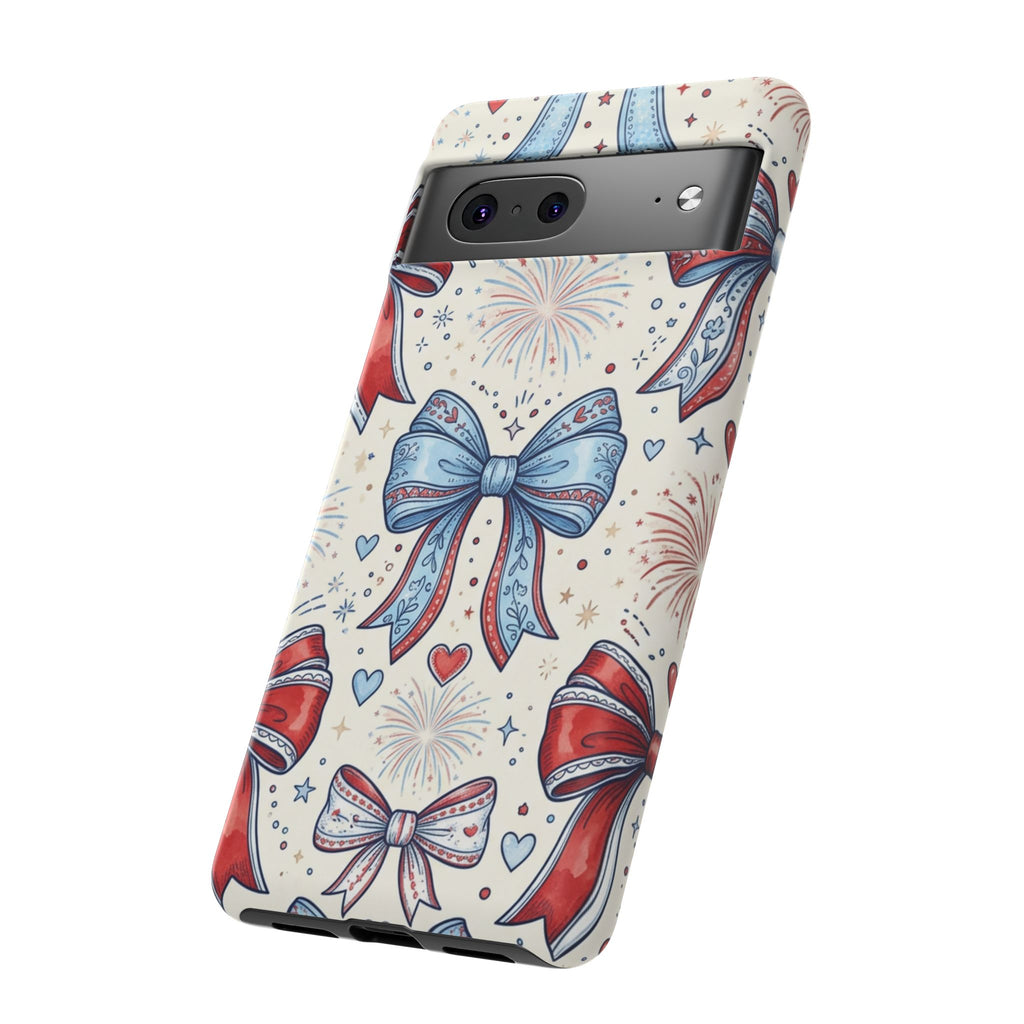 Patriotic Coquette Bows Phone Case – Americana Ribbon & Fireworks Design Printify