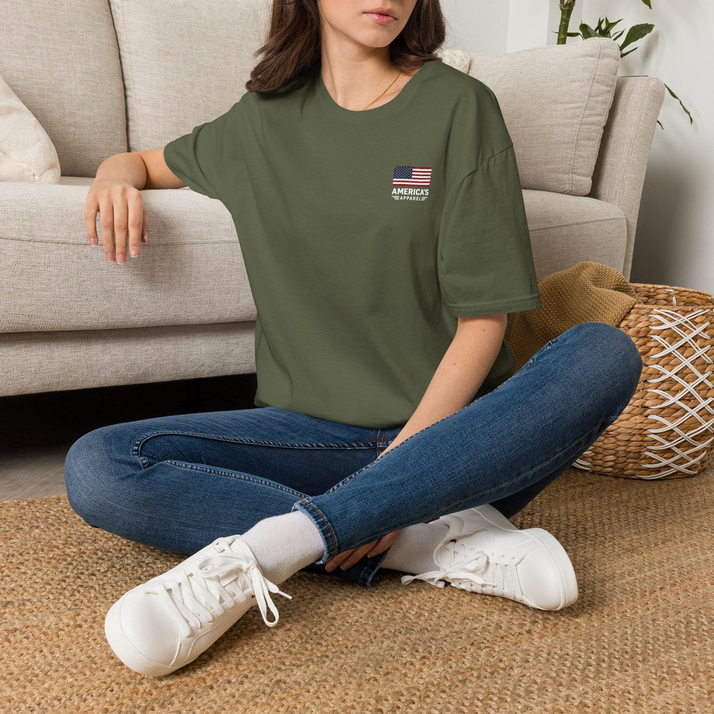 American Flag Pocket T-Shirt — "America's" Small Logo Patriotic Tee Printify