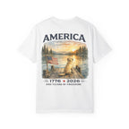 America 1776–2026 Freedom Lake Graphic T-Shirt — Patriotic Dog & Flag Tee Printify