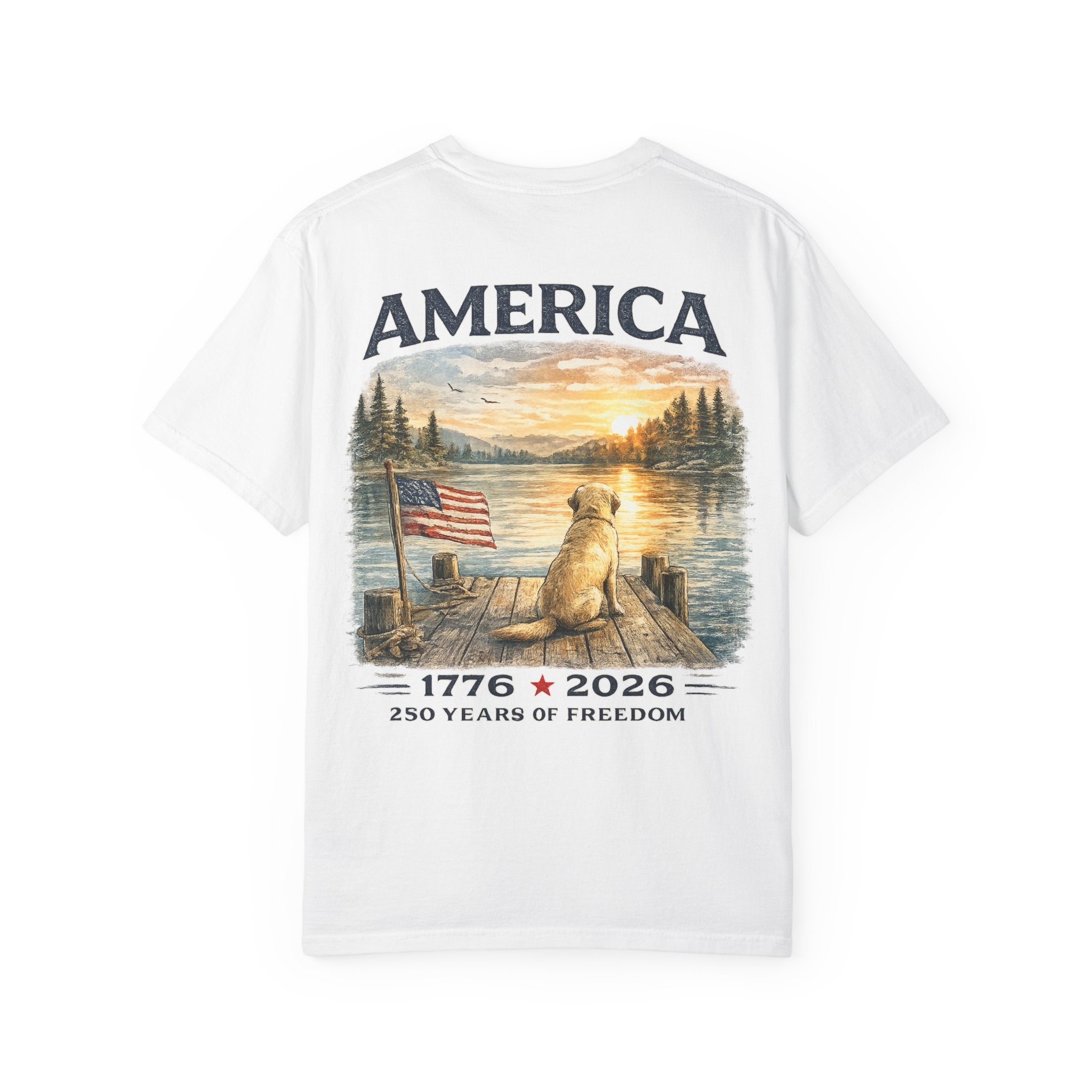 America 1776–2026 Freedom Lake Graphic T-Shirt — Patriotic Dog & Flag Tee Printify