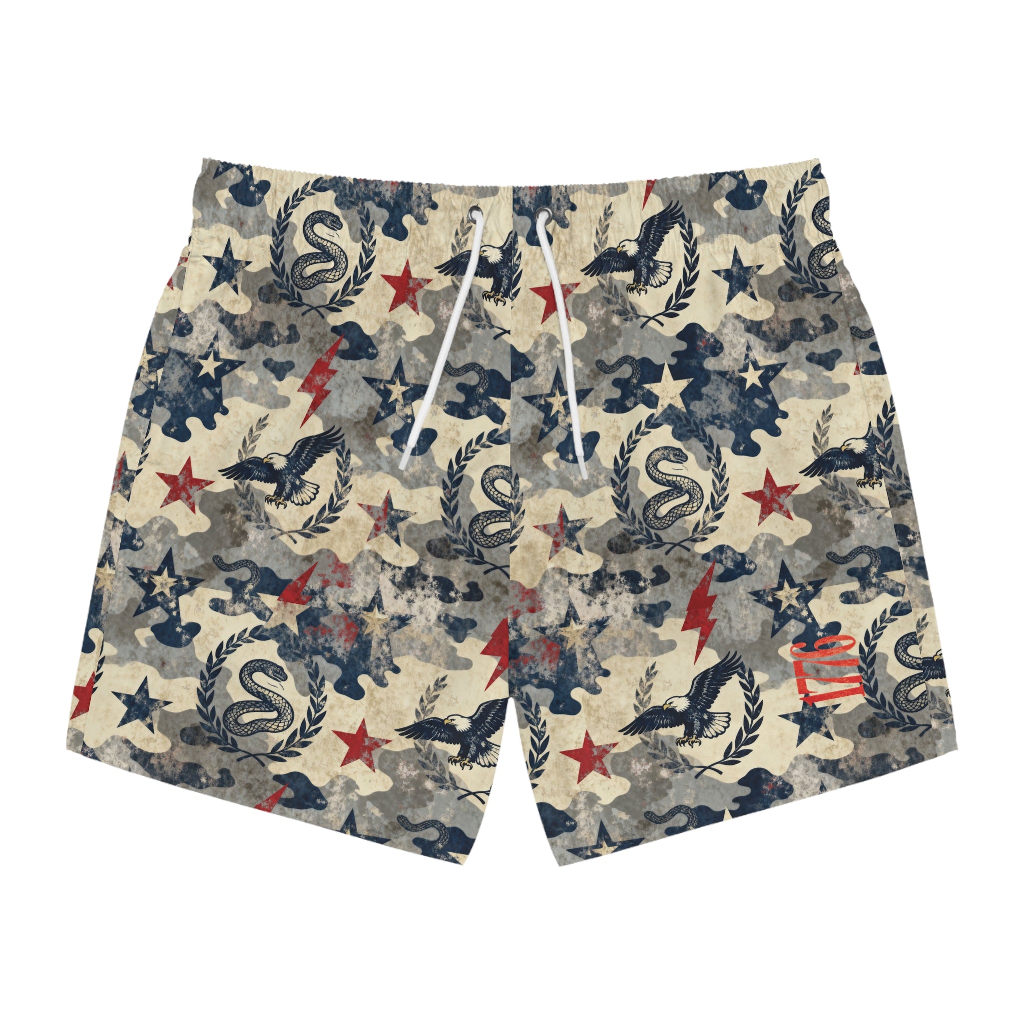 1776 Vintage Camo Swim Trunks — Patriotic Retro Military Print