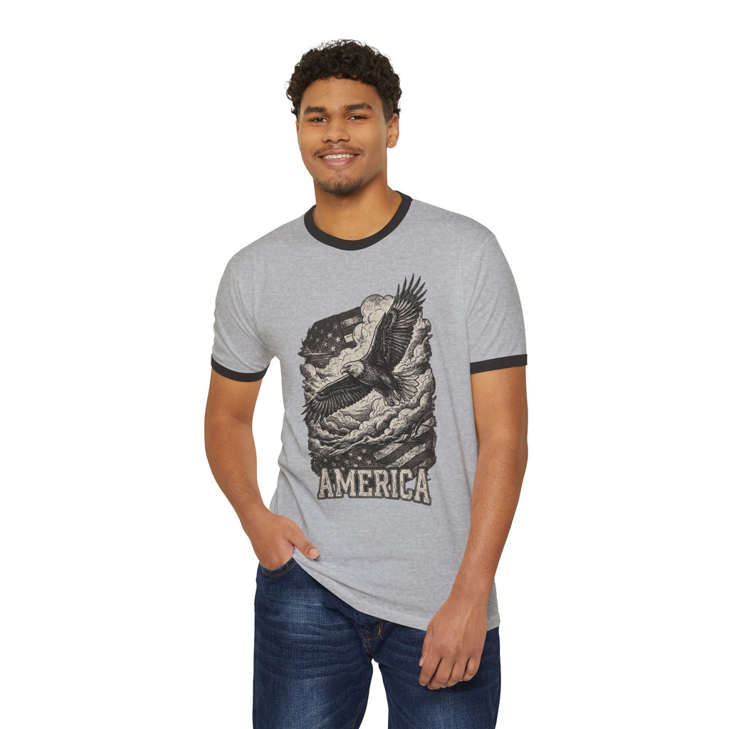 America Vintage Ringer T-Shirt — Retro Patriotic USA Graphic Tee