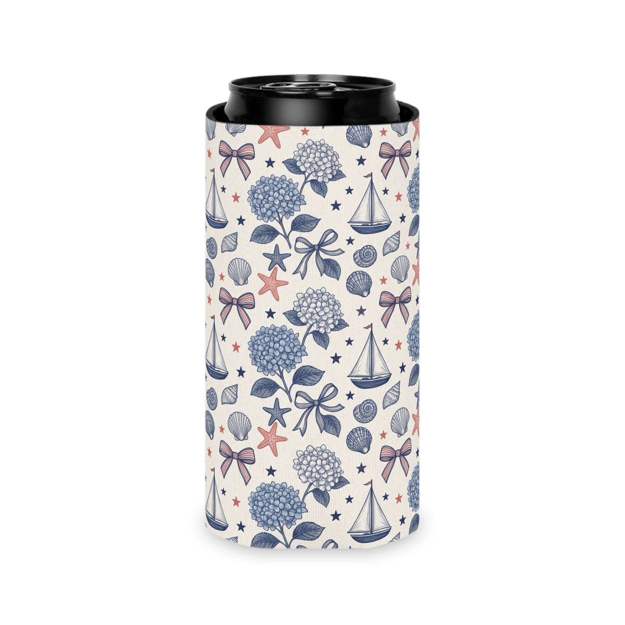 Coastal Americana Hydrangea Can Cooler Printify