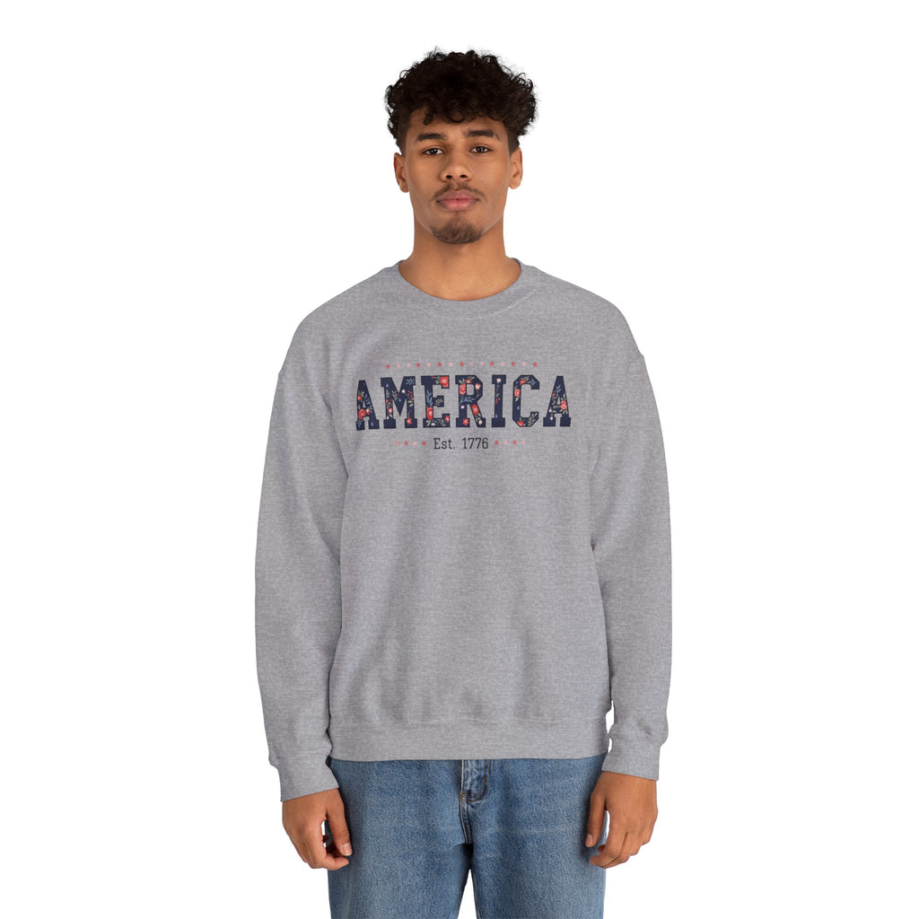 America Wildflower Crewneck Sweatshirt – Vintage Patriotic Floral Pullover Printify