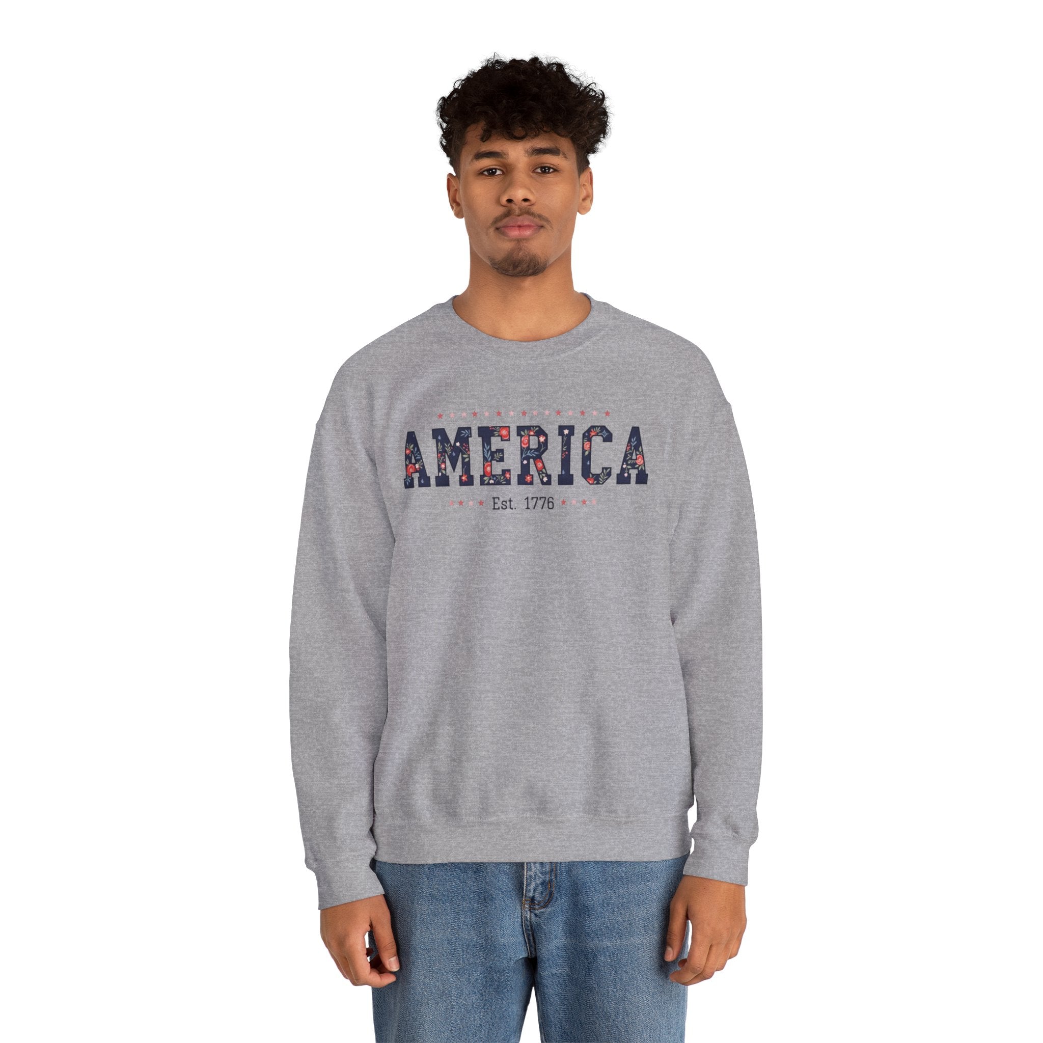 America Wildflower Crewneck Sweatshirt – Vintage Patriotic Floral Pullover Printify