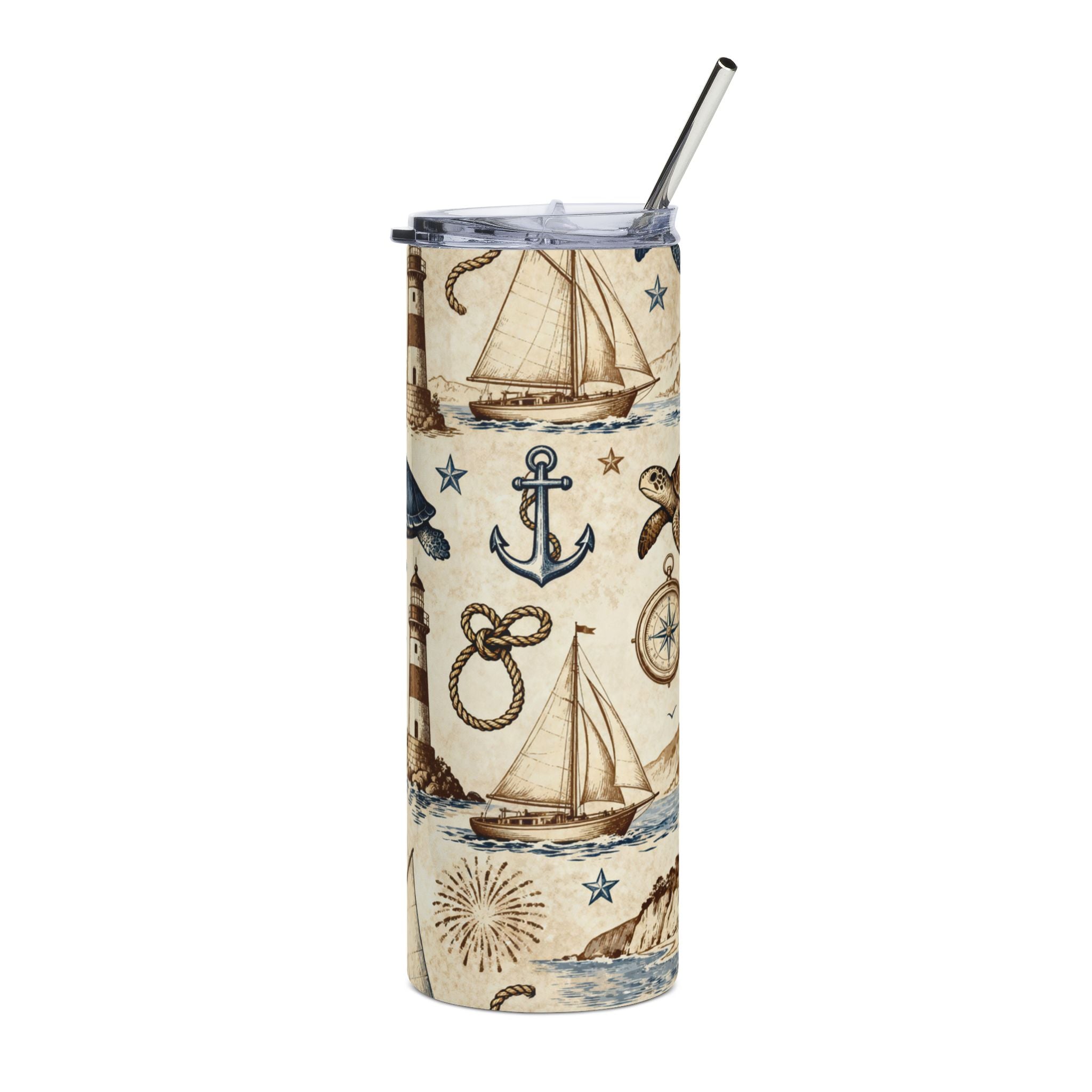 20oz Stainless Steel Tumbler — Nautical Turtles, Sailboats & Lighthouses Printify