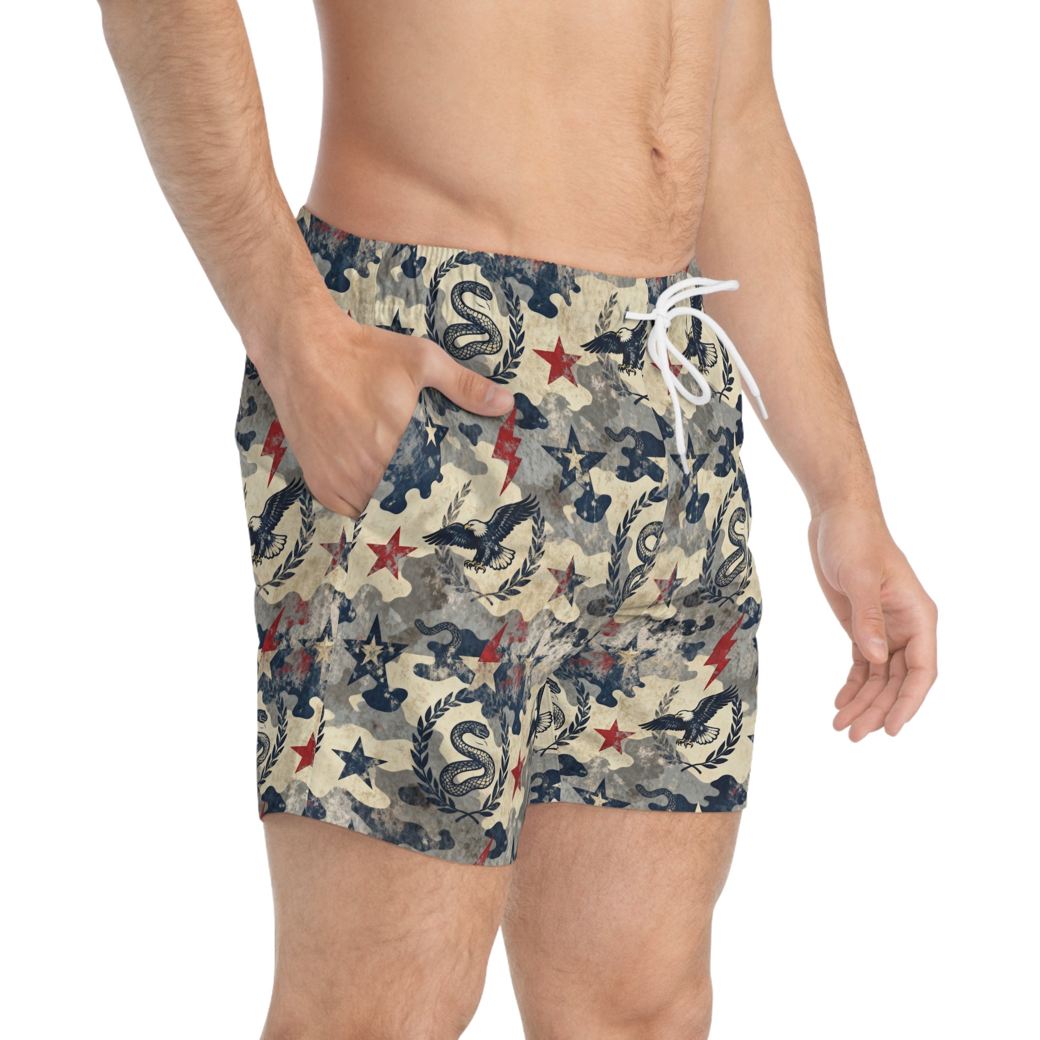 1776 Vintage Camo Swim Trunks — Patriotic Retro Military Print