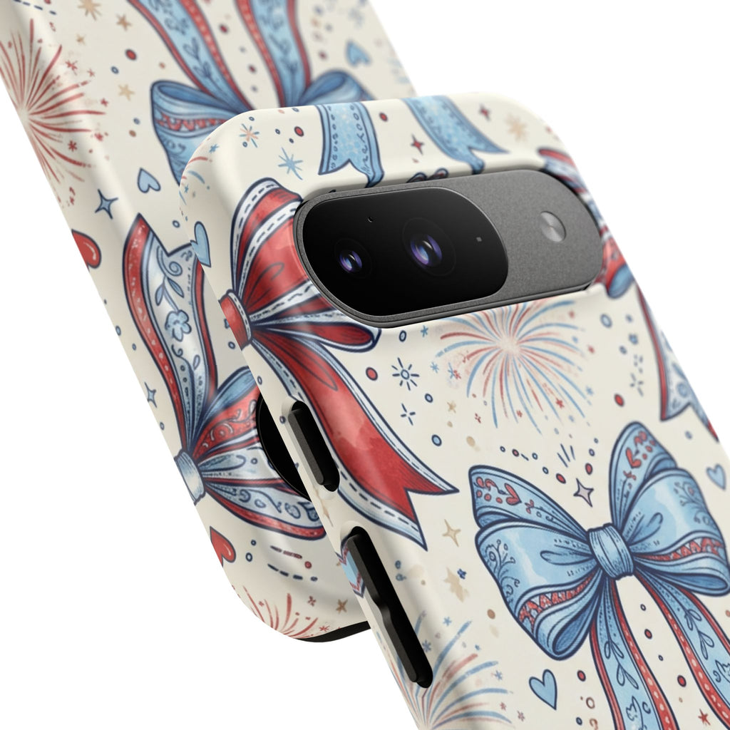 Patriotic Coquette Bows Phone Case – Americana Ribbon & Fireworks Design Printify