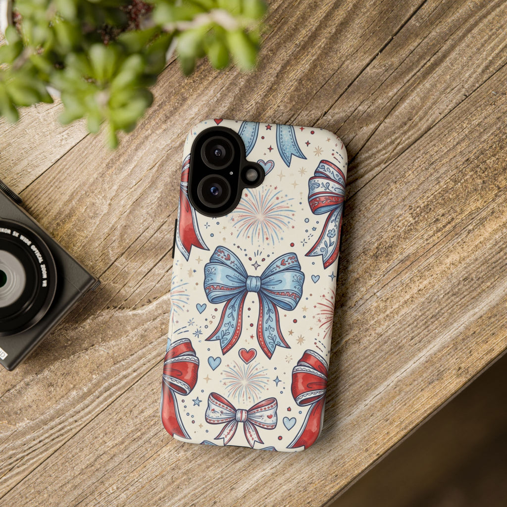 Patriotic Coquette Bows Phone Case – Americana Ribbon & Fireworks Design Printify