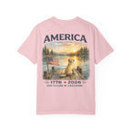 America 1776–2026 Freedom Lake Graphic T-Shirt — Patriotic Dog & Flag Tee Printify