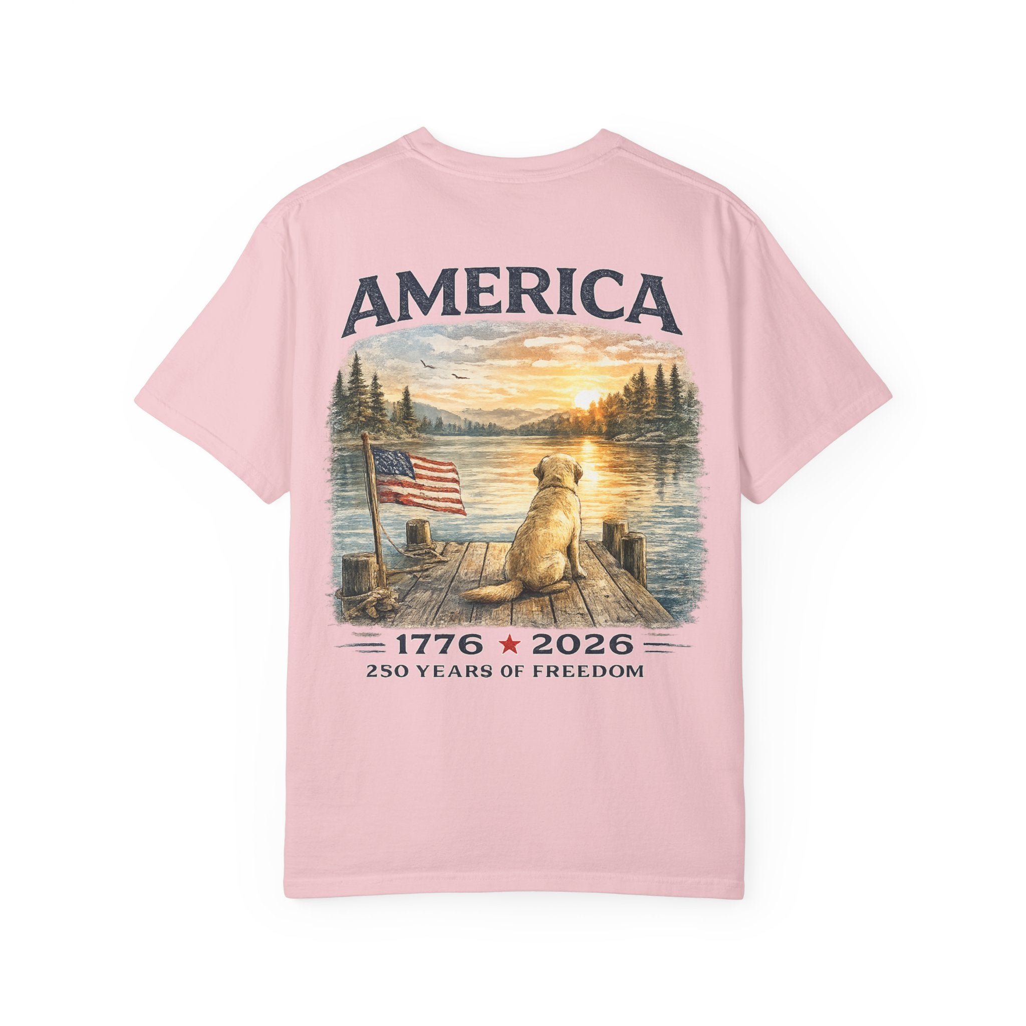 America 1776–2026 Freedom Lake Graphic T-Shirt — Patriotic Dog & Flag Tee Printify